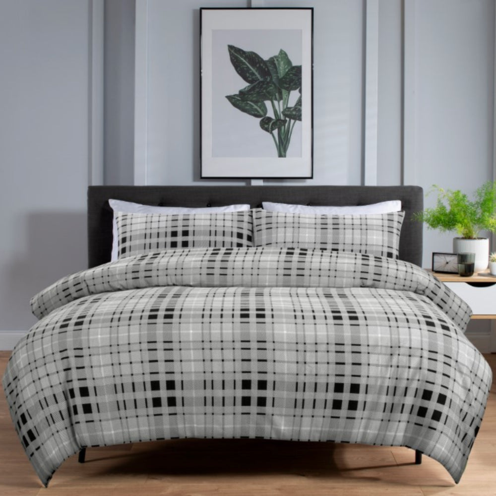 Buchanan Check Printed Brushed 100% Cotton Bedlinen Duvet Set | King | Gray