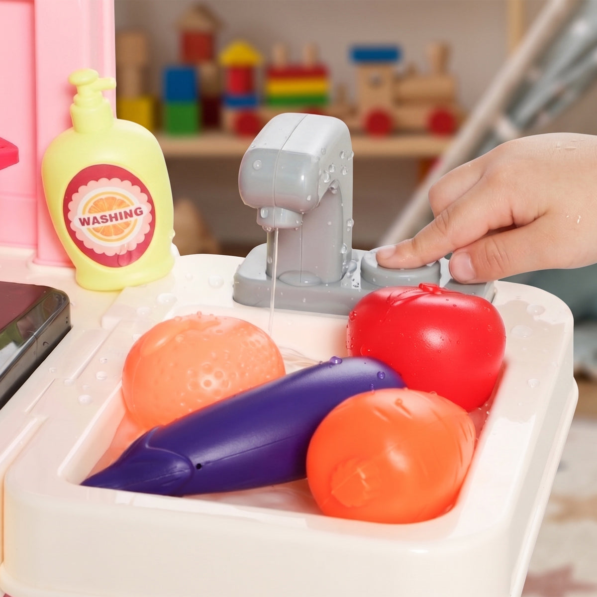 AIYAPLAY 33 Pcs Play Kitchen With Lights, Sounds, Storage, Pink