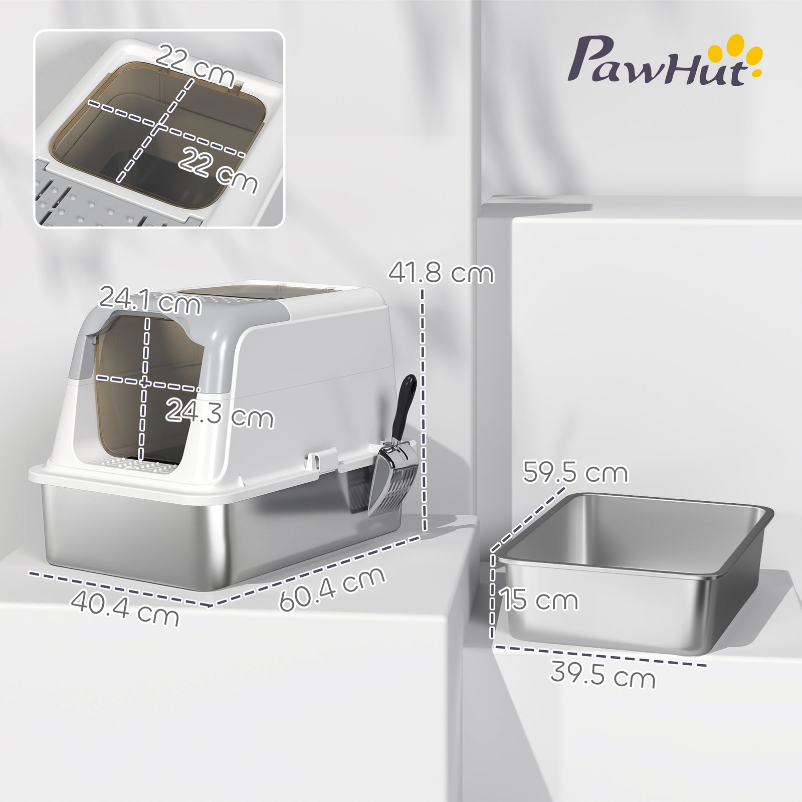 Stainless Steel Litter Box, Enclosed Metal Litter Tray With Scoop