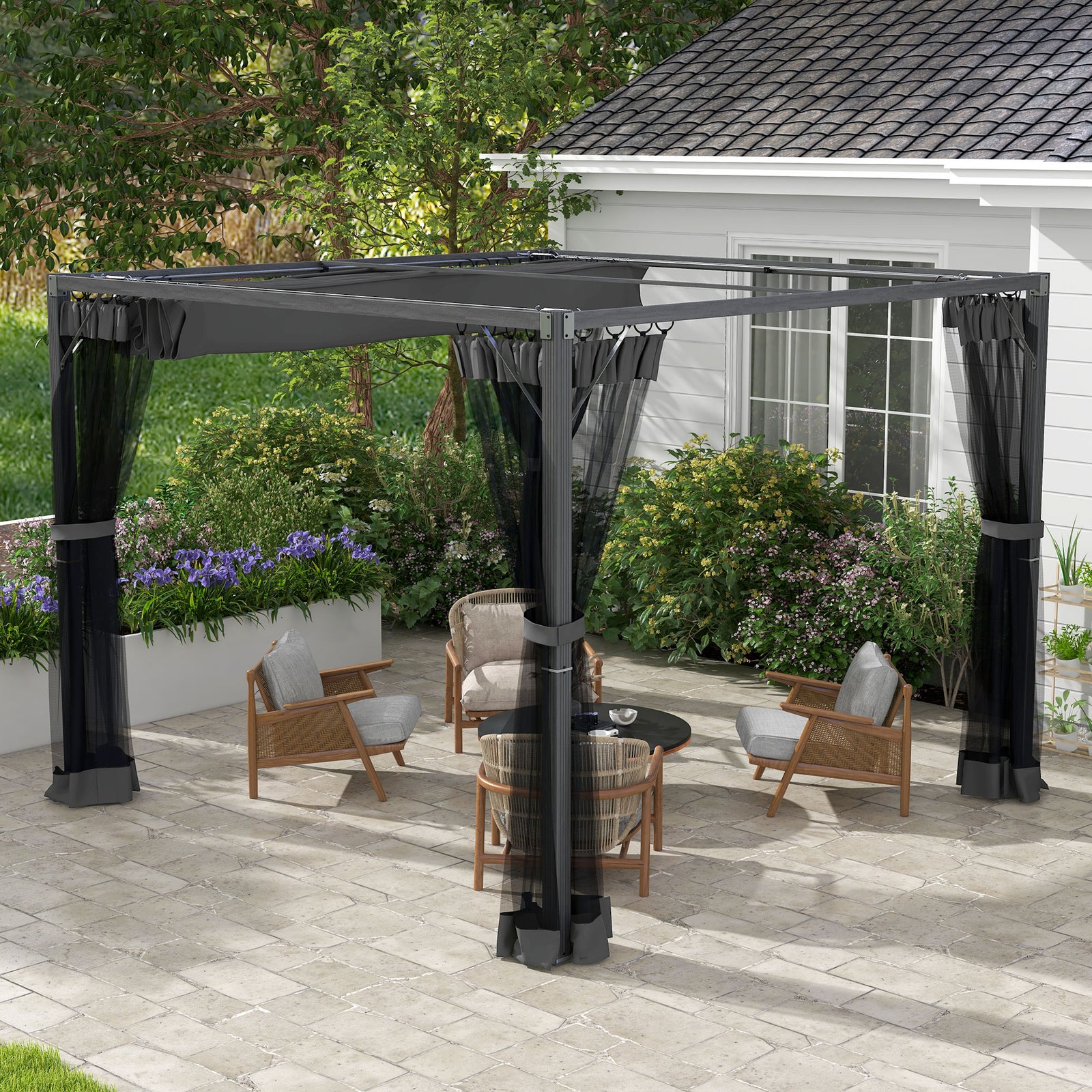 Retractable Pergola Canopy With Netting, Metal Frame | Medium | Dark Gray