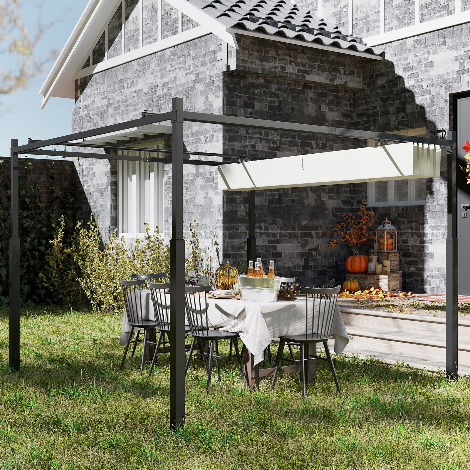 3x3m Pergola With Roof, 80mm Column, Cream White | Cream