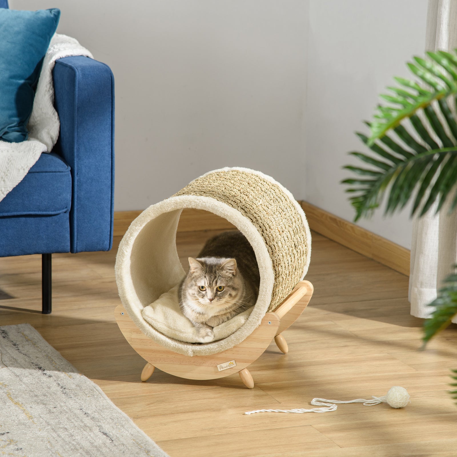 Raised Kitten Bed Pet Shelter W/ Scratcher Cushion, Beige 41 X 38 X 43 Cm