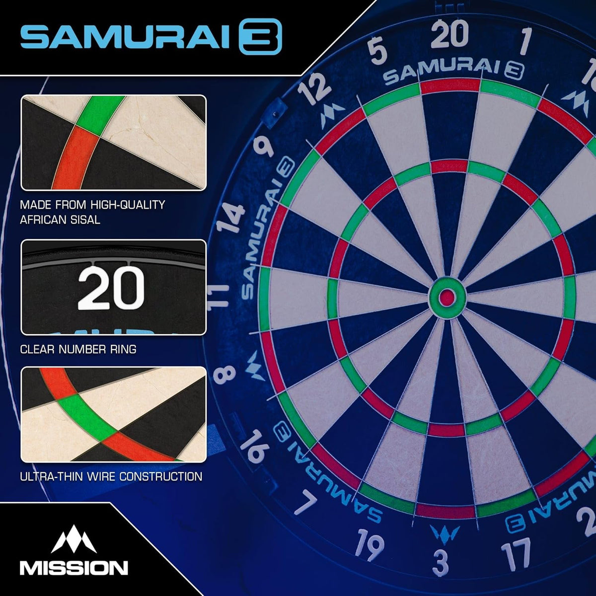 Samurai 3 Dartboard - Professional - Knife Wire - Black Number Ring | One Size | Multi