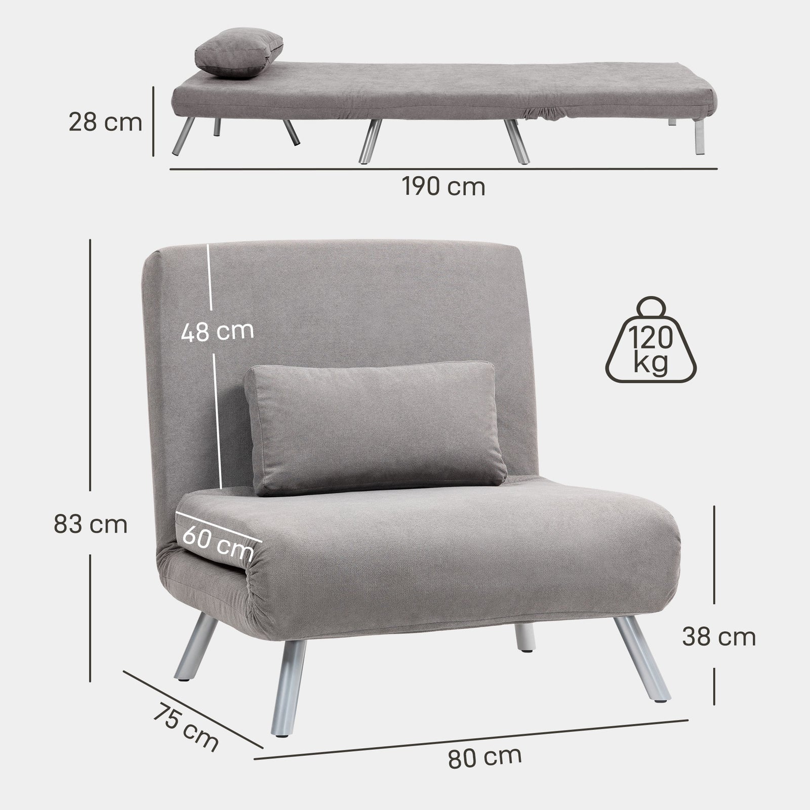 2-in-1 Folding Sofa Bed With 5-level Adjustable Backrest, Grey