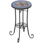 35.5cm Round Mosaic Garden Side Table Plant Stand W/ Shelf | Blue