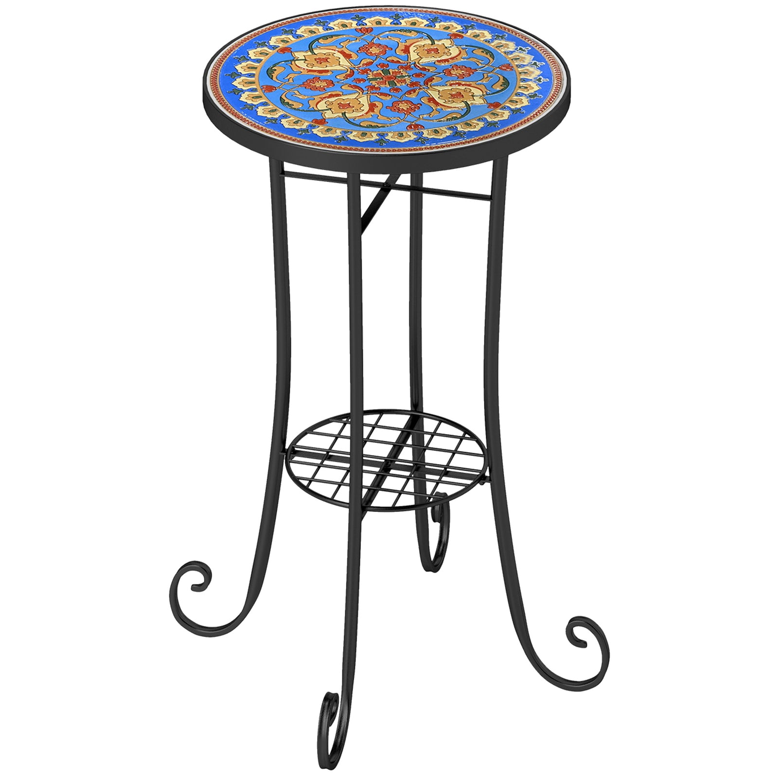 35.5cm Round Mosaic Garden Side Table Plant Stand W/ Shelf | Blue