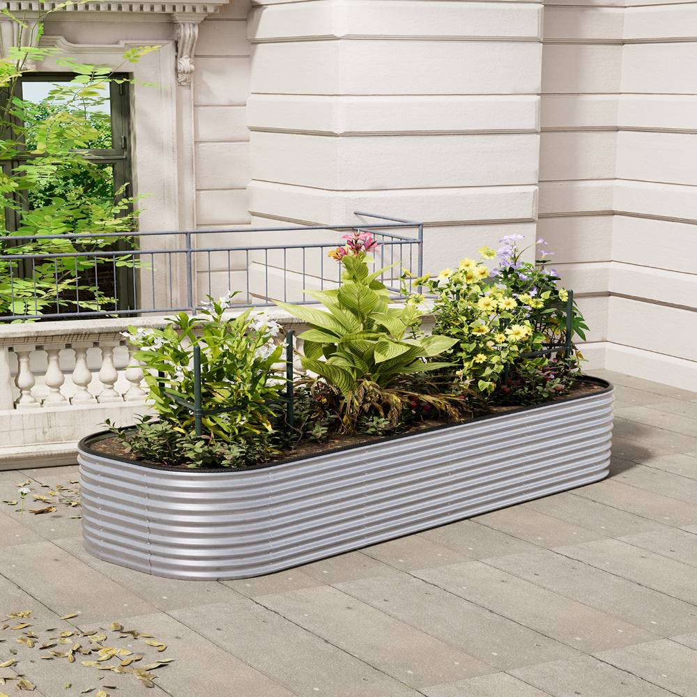 Raised Garden Bed Kit Oval-shaped Galvanized Steel Raised Garden Bed Raised Planter Box Outdoor | Small | Galvanized Silver