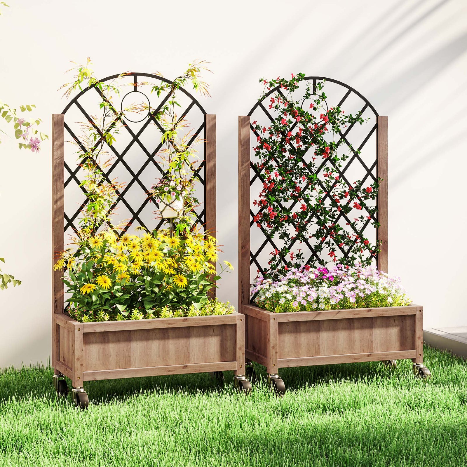 Pack Of 2 Wooden Raised Bed, Outdoor Planter Box W/ Trellis