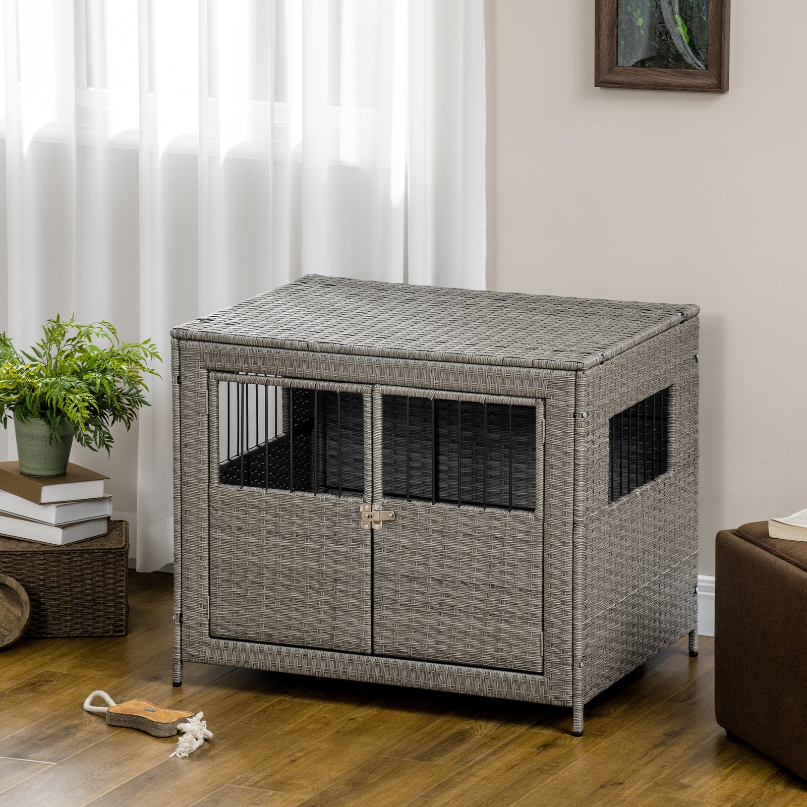 PawHut Pawhut Wicker Dog Cage Crate W/ Cushion For Medium Large Dogs, 85 X 61 X 70 Cm