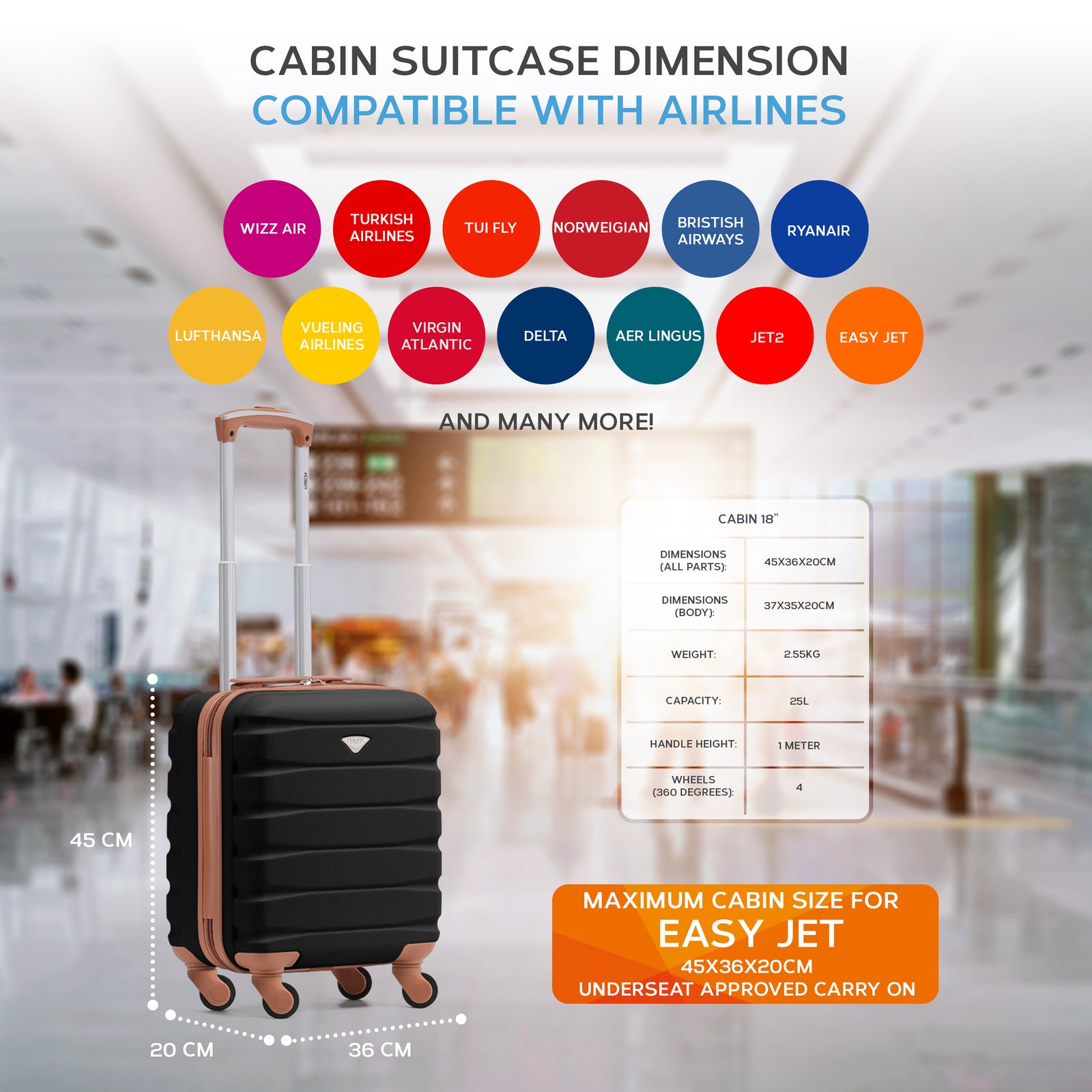 45x36x20cm Lightweight Underseat Cabin Carry On Suitcase - 100+ Airline Approved - Hard Shell Luggage - 4 Wheels | 45 x 36 x 20cm | Black & Brown