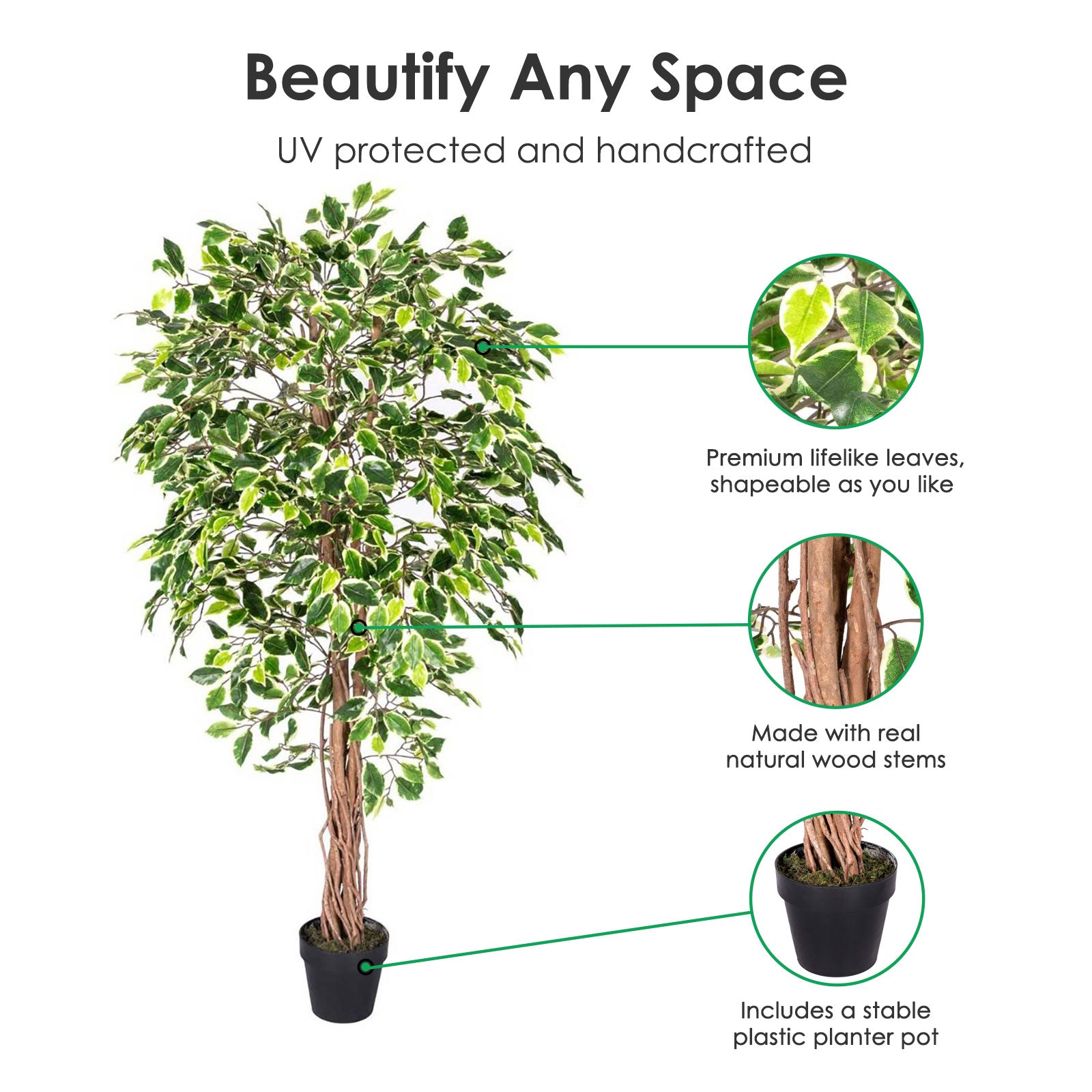 Artificial Handcrafted Ficus Tree With Real Wood Trunk | 6ft | Multi Colour