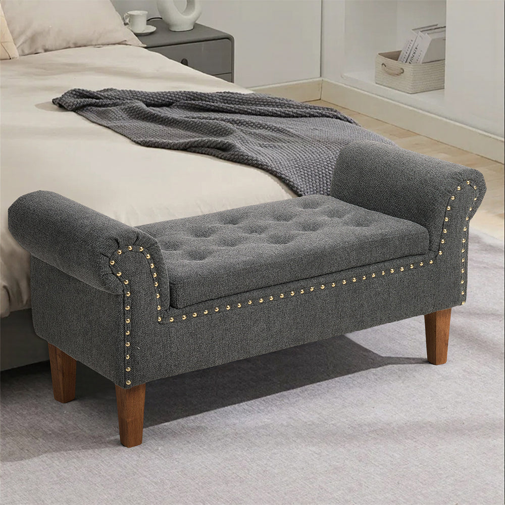 Linen Upholstered Storage Bench With Nailhead Trim & Wooden Legs – Modern Entryway Or Bedroom Seat 106cm W | Grey