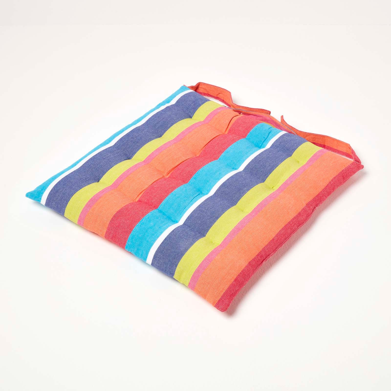 Striped Seat Pad With Button Straps 100% Cotton, 40 X 40 Cm | Set-of-1 | Multi Colour