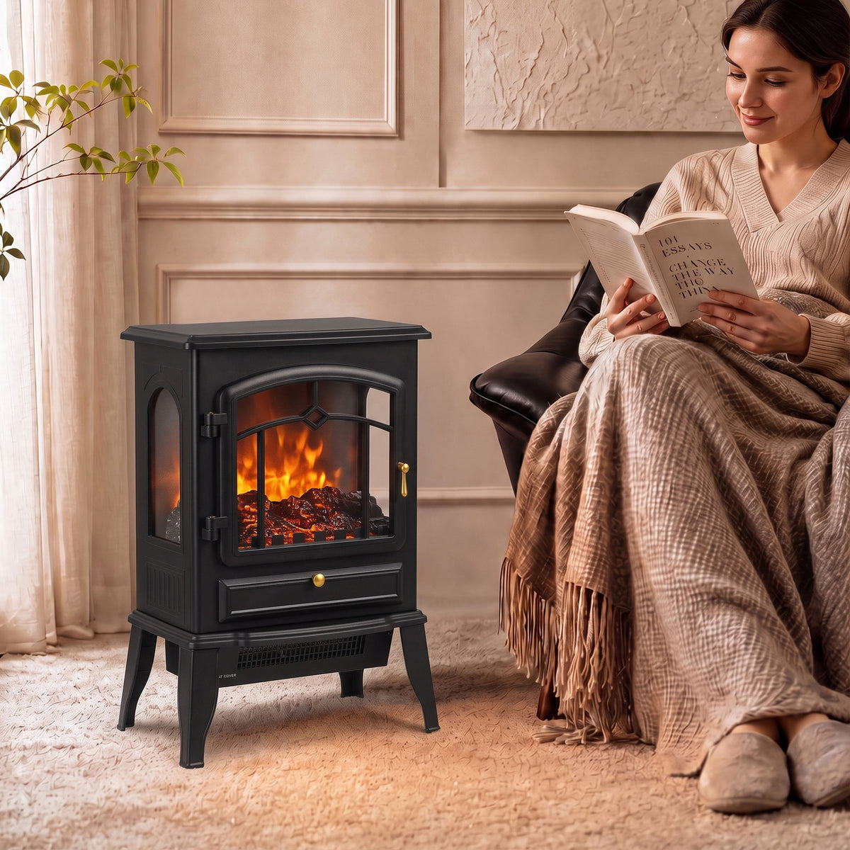 Electric Fireplace Stove With Realisric Log Flame Effect | Black
