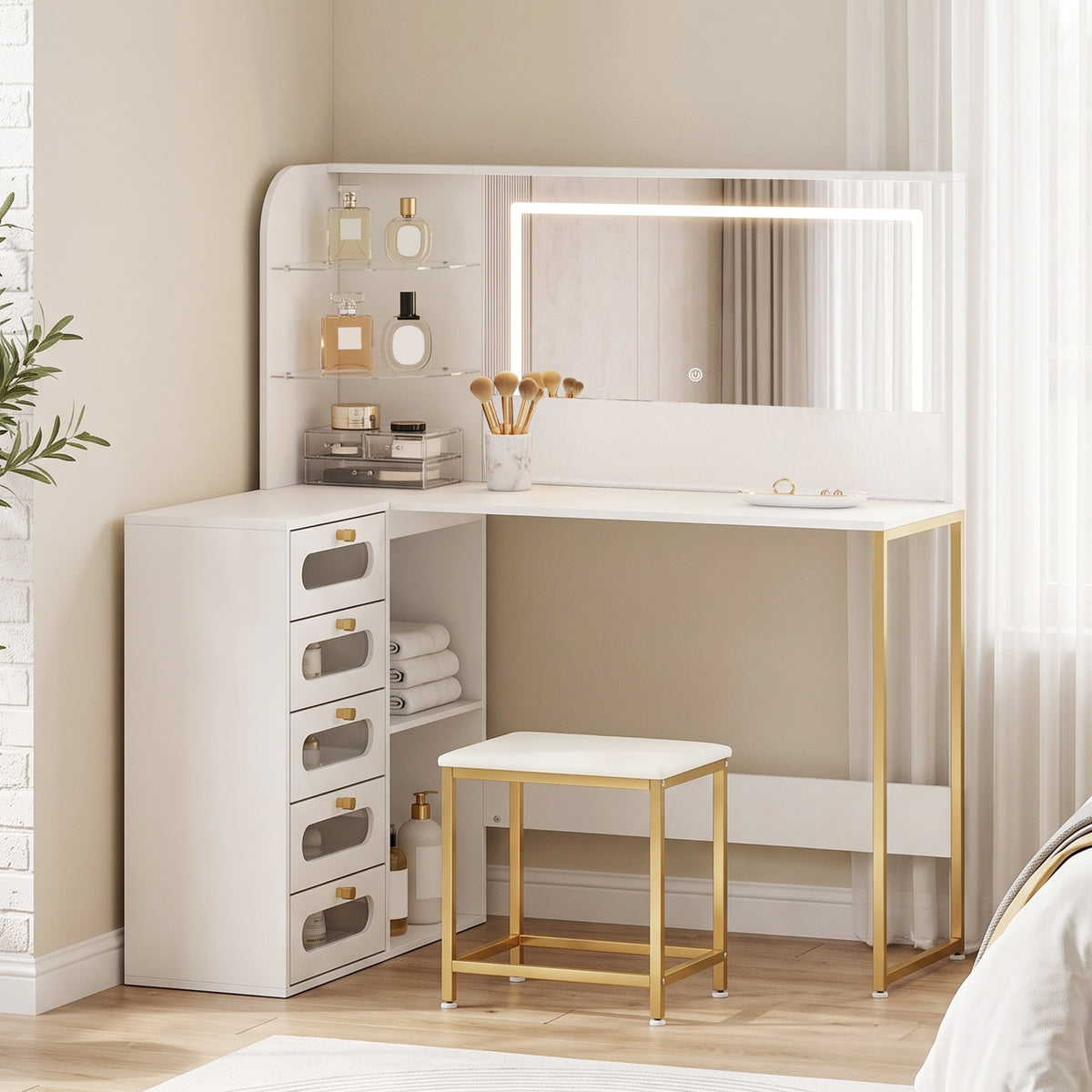 HOMCOM Dressing Table With Led Mirror And Stool, Drawers, Vanity Desk, White