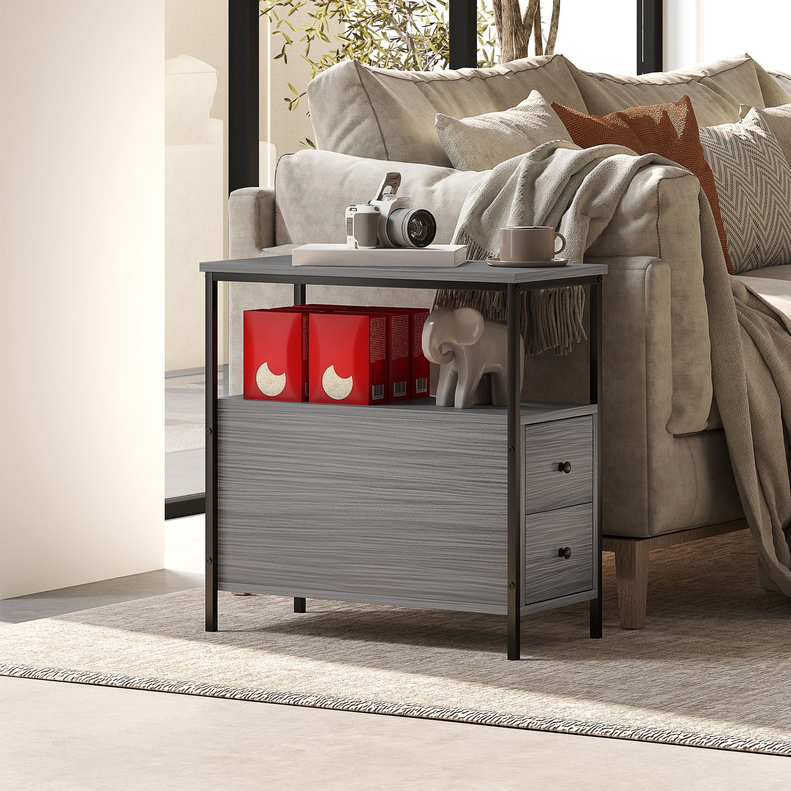 HOMCOM Narrow End Table, Sofa Side Table With 2 Drawers Storage Shelf, Grey