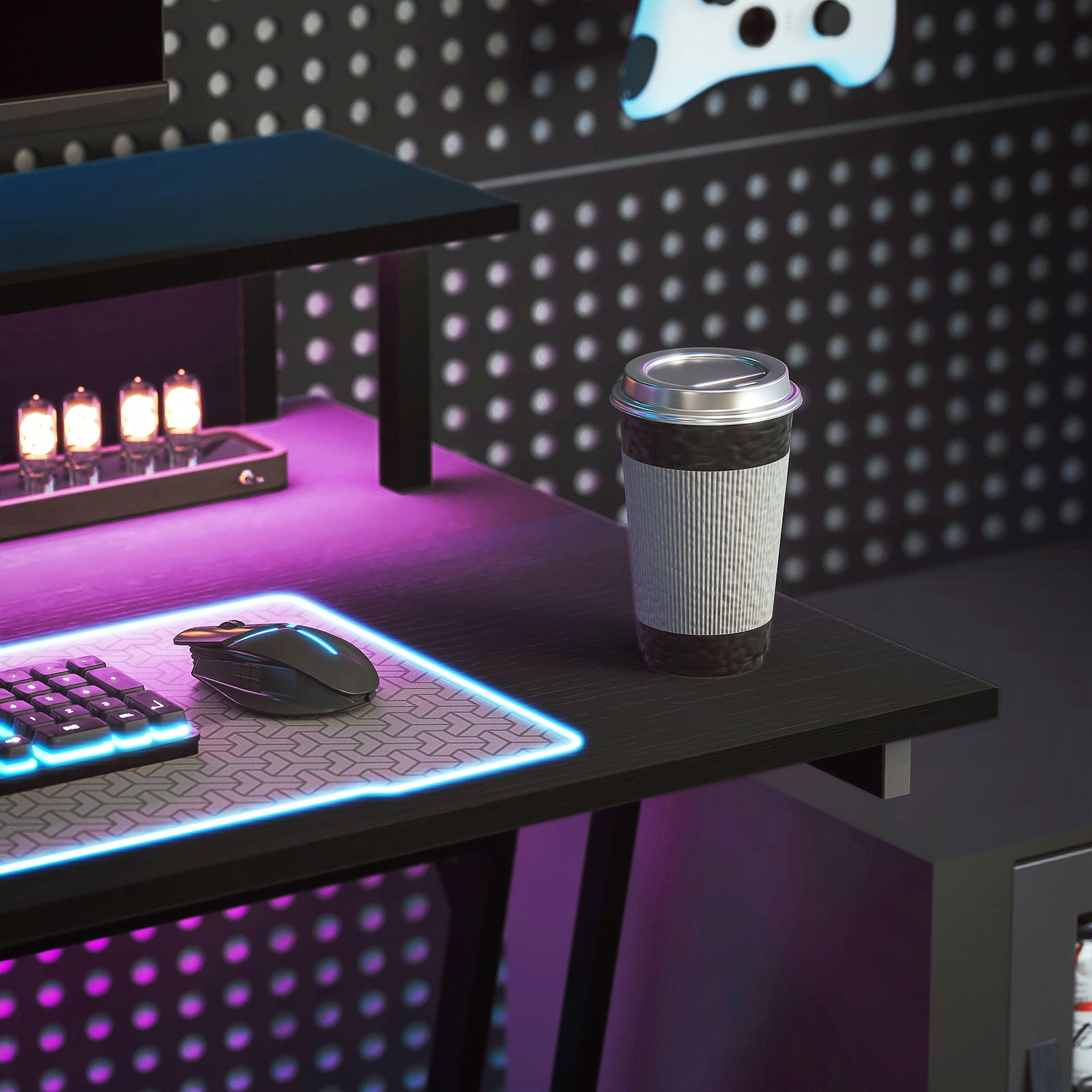 Led Gaming Desk With Power Outlets And Monitor Stand