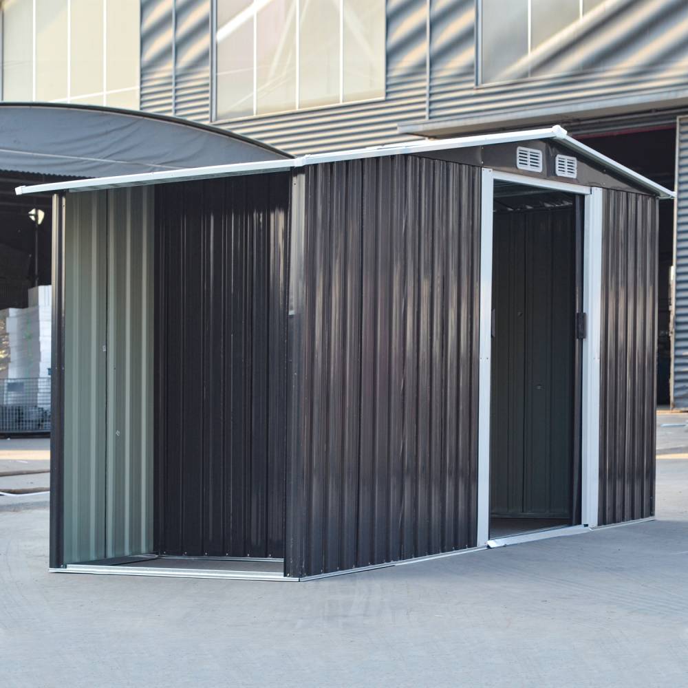 4x8ft Heavy Duty Garden Metal Shed With  Extra 66cm Outdoor Weatherproof Firewood Tool Storage Rack