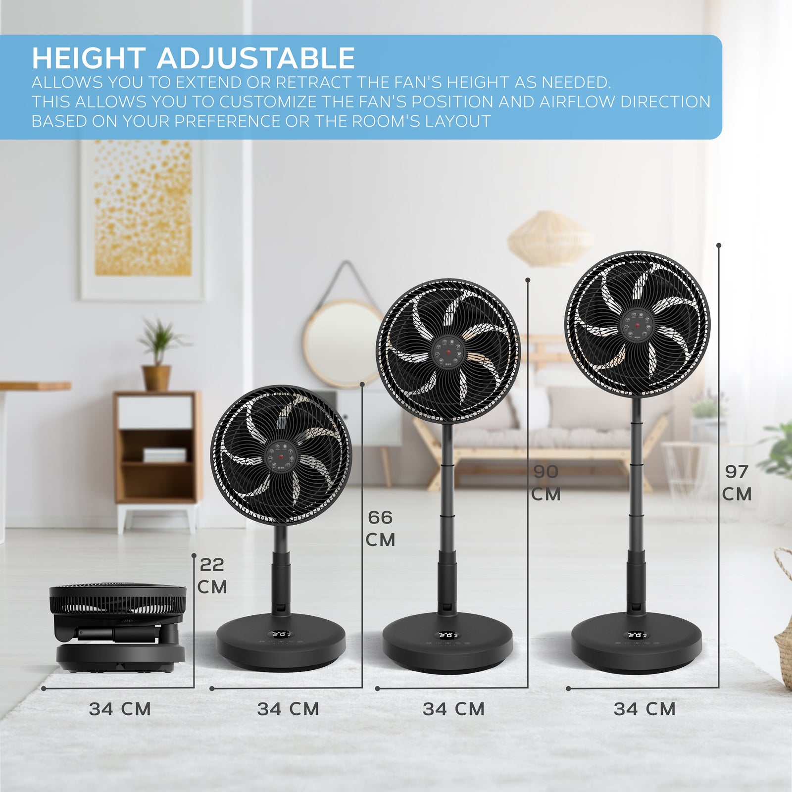 13.5'' Pedestal Fan With Remote Control - Oscillating & Portable Foldable Height Adjustable Cooling Led Display 12 Speed Turbo Quiet Circulation For Bedroom, Homes Office | Black