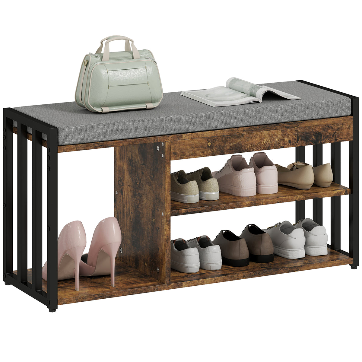 HOMCOM Upholstered Entryway Shoe Bench With Storage Shelves, Rustic Brown