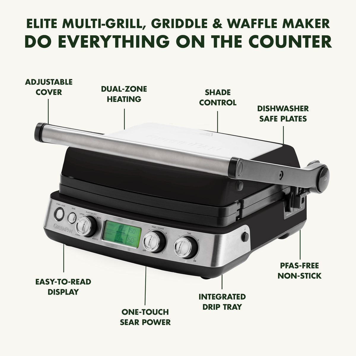 Elite 6-in-1 Contact Grill, Pfas-free Ceramic Non-stick, Adjustable Temperature | Black