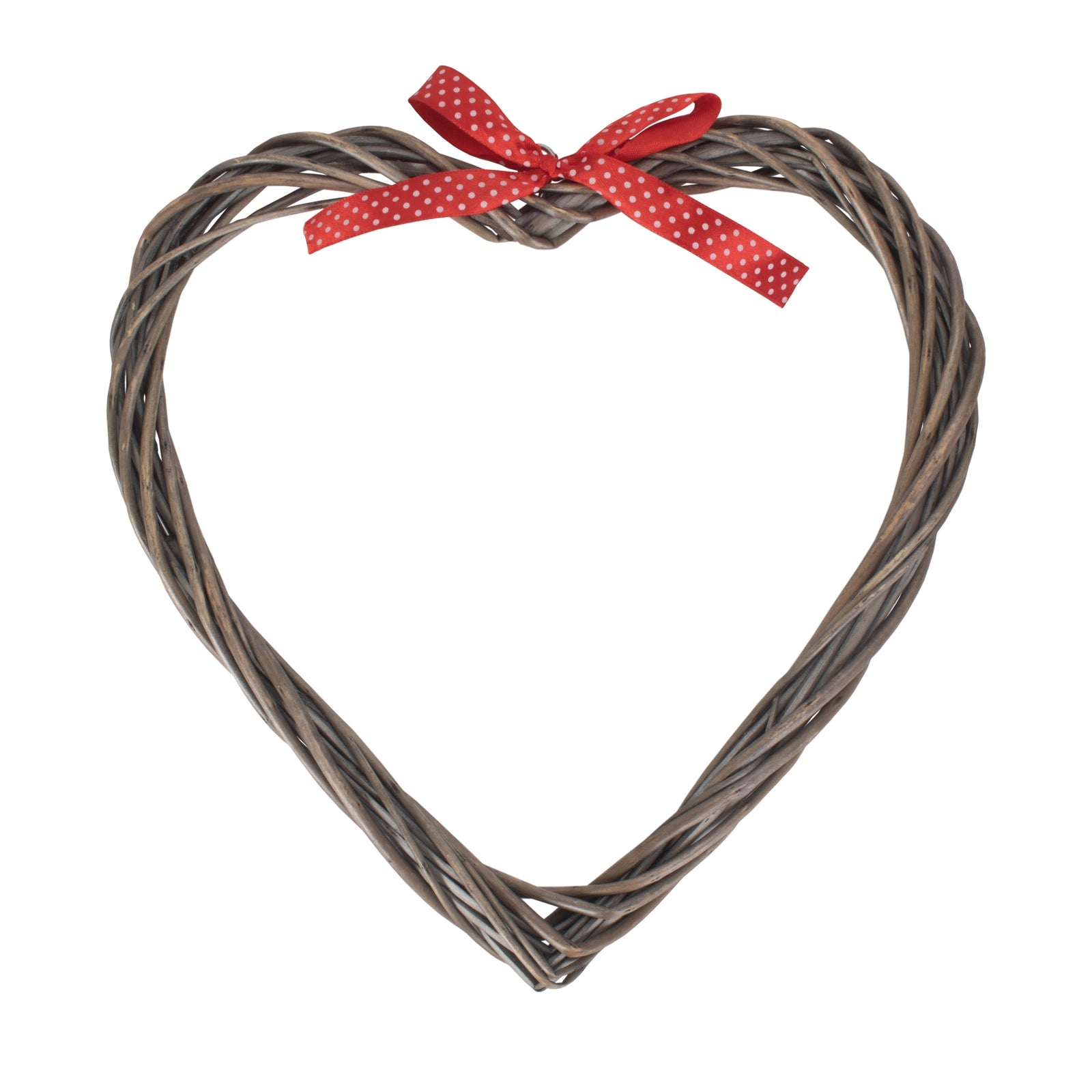 Wicker Slim Heart Wreath With Red Spotty Ribbon