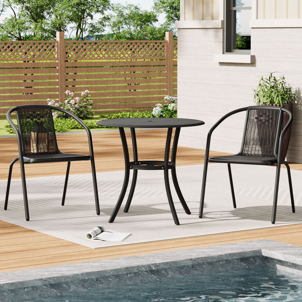 3-pieces Patio Dining Sets Metal Slatted Coffee Table With Rattan Chairs