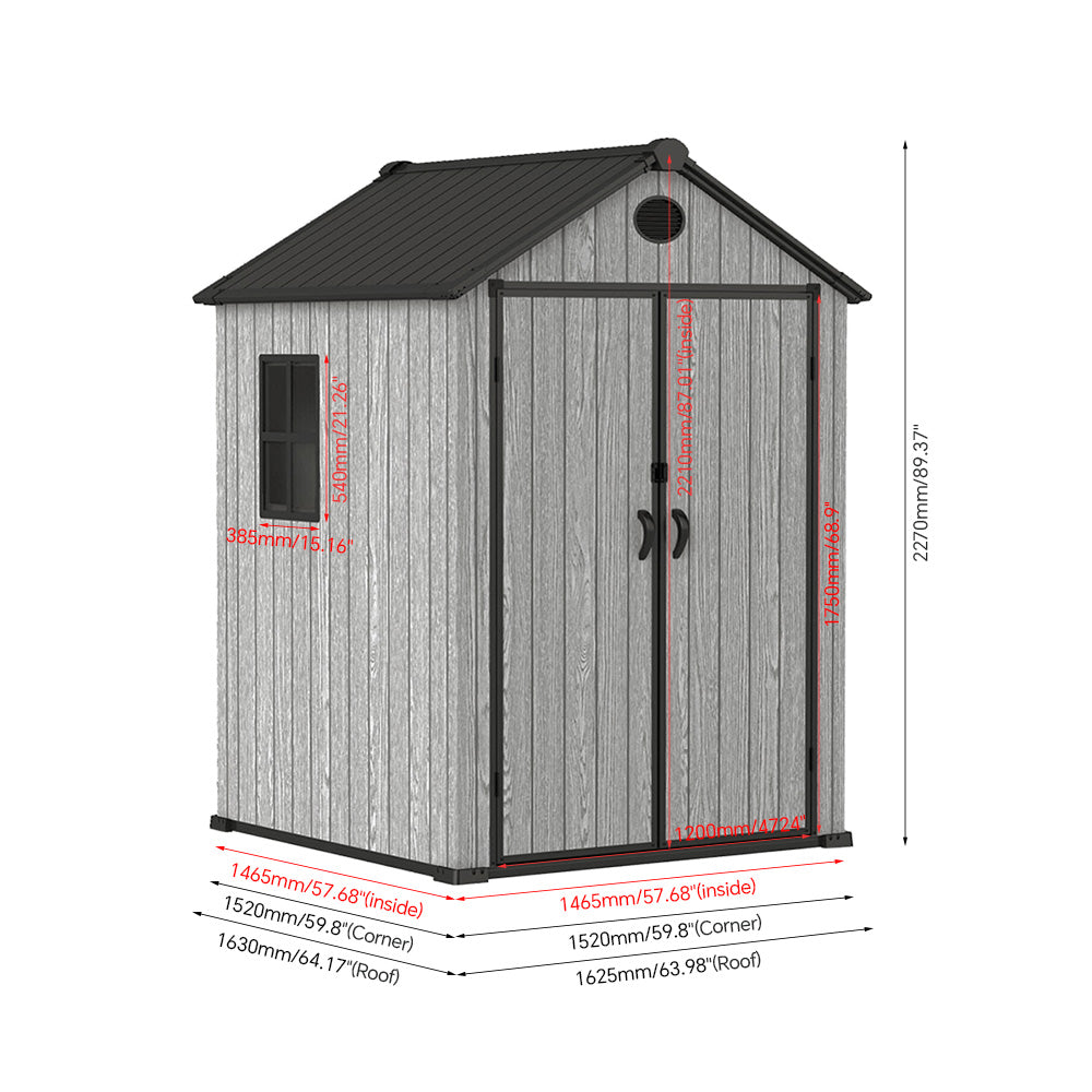 5.33 X 5.35ft  Garden Tool Shed With Apex Roof & Combination Lock – Grey Wood Grain Storage Shed With Window & Vents