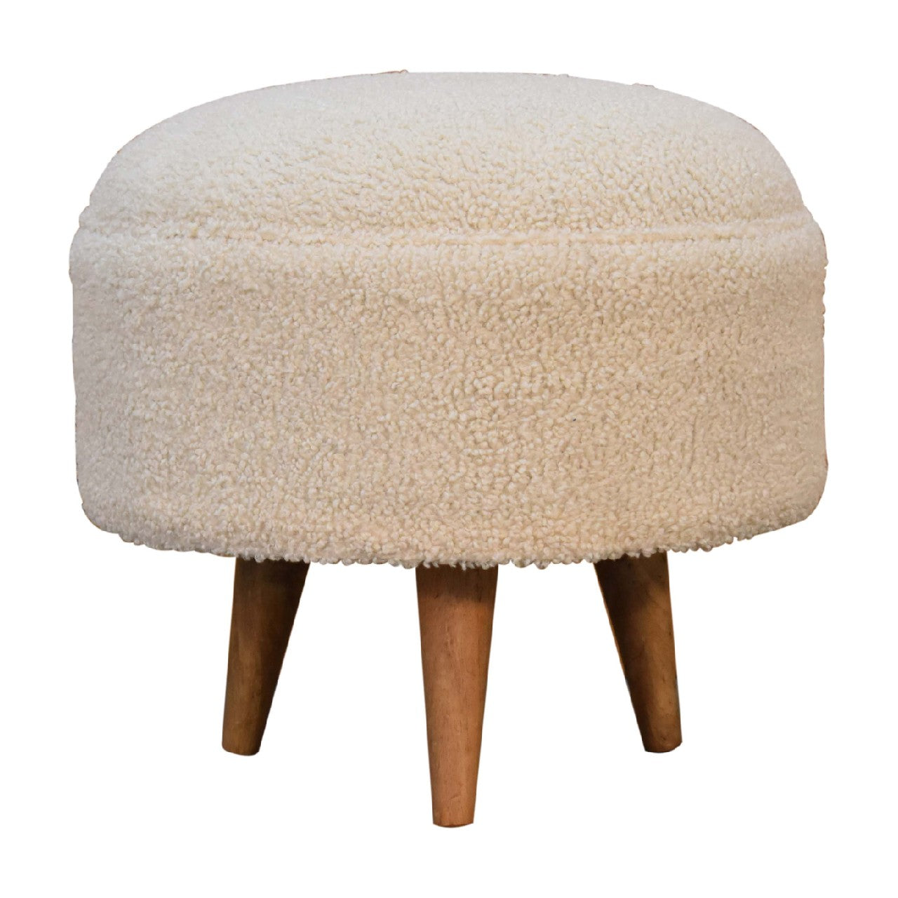 Solid Mango Wood Cream Boucle Rounded Footstool