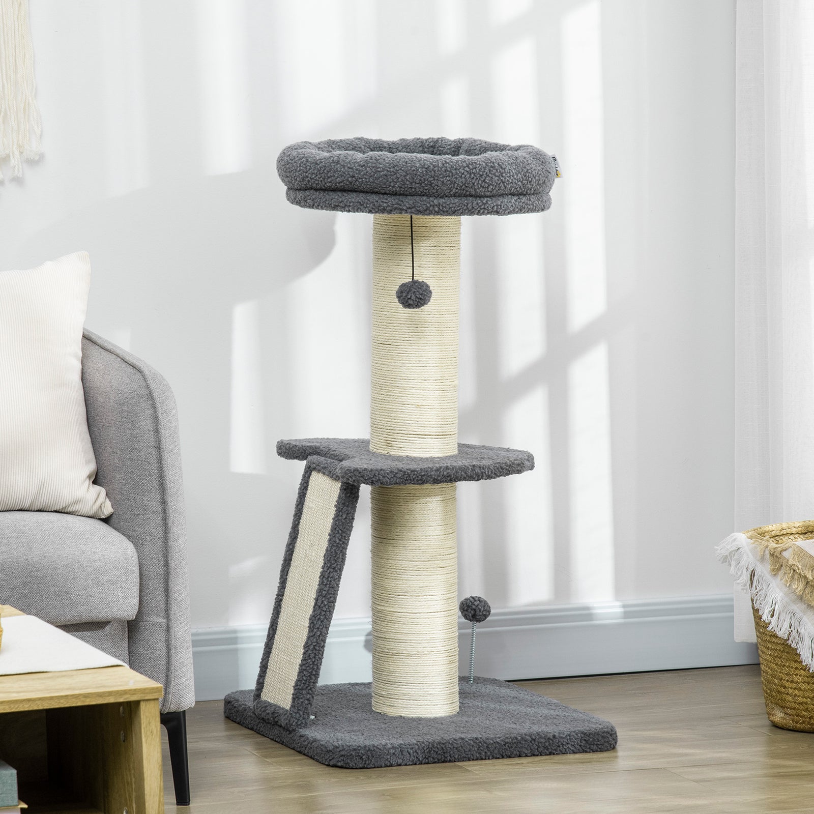 Cat Tree Kitten Tower W/ Scratching Post, Pad, Dark Grey, Ball