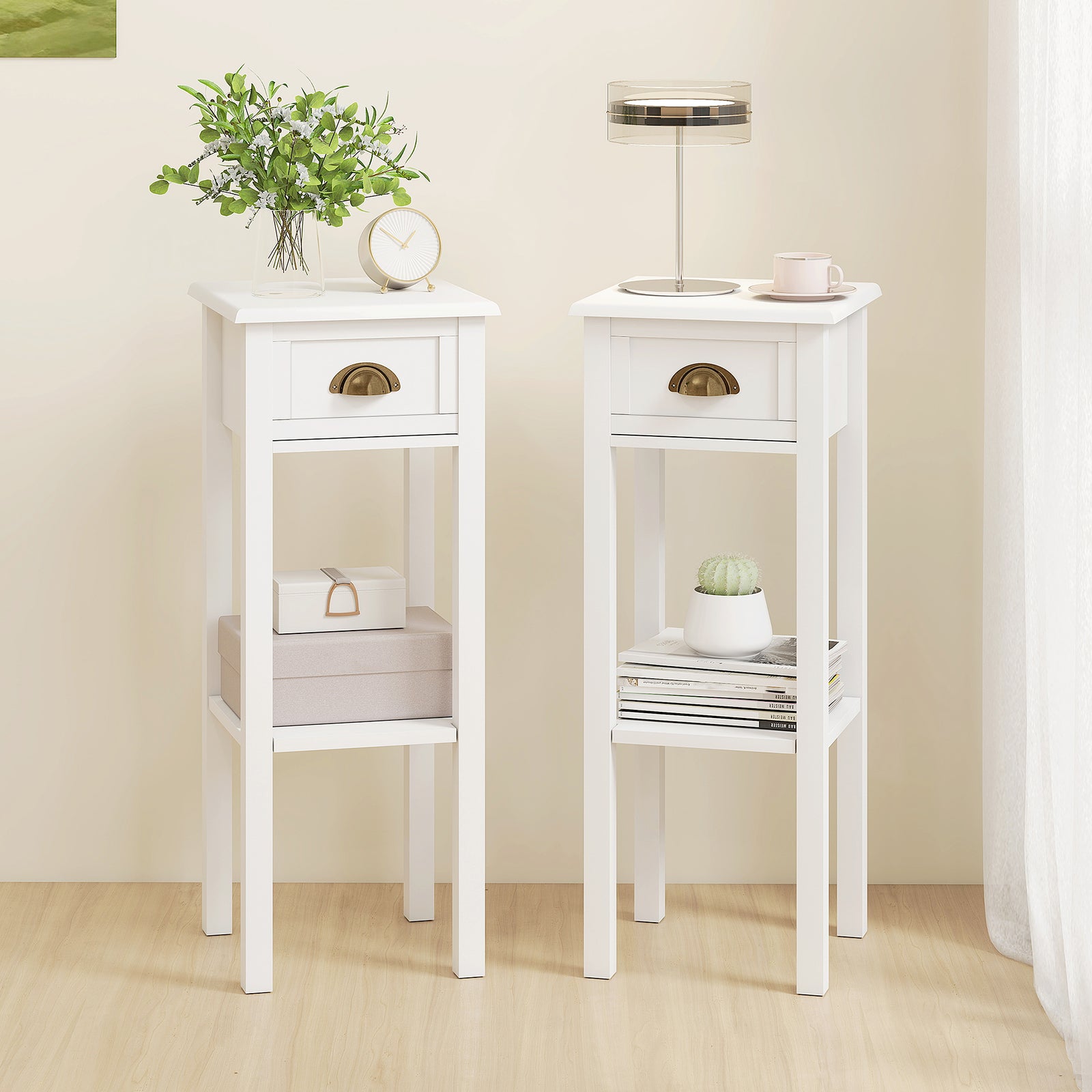 HOMCOM 2-tier Side Tables Set Of 2 With Drawer Shelf For Living Room, White