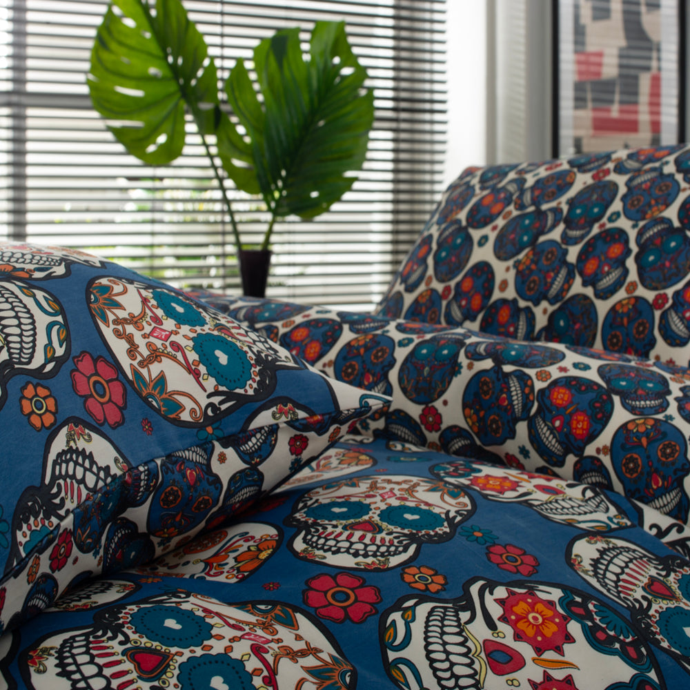 Day Of The Dead Cotton Rich 200 Thread Count Reversible Duvet Cover Set | Double | Navy Blue
