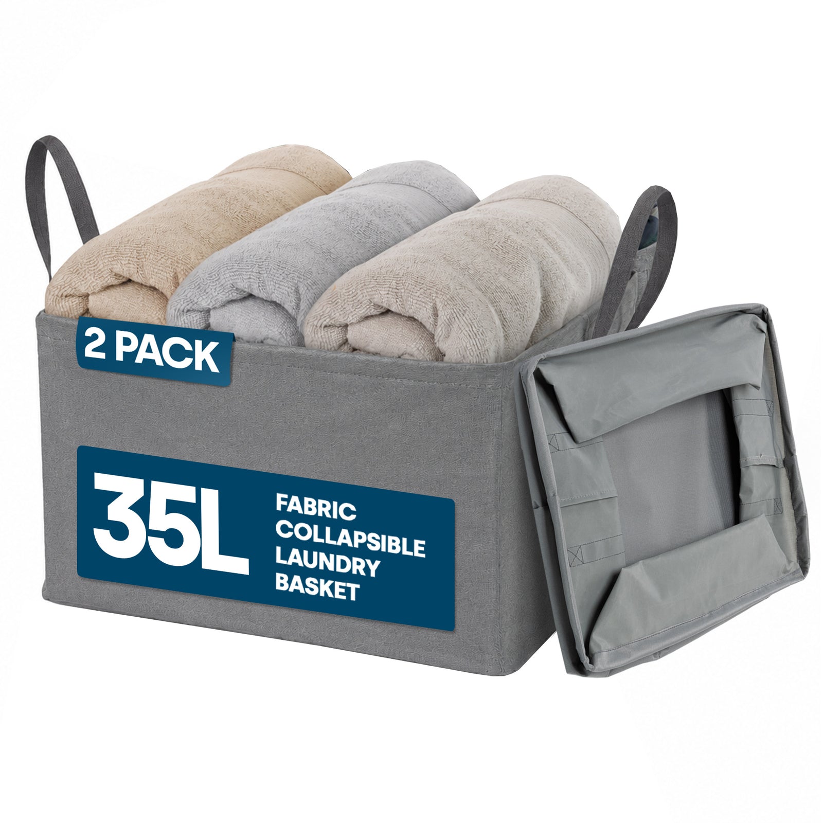 Collapsible Laundry Bags 2 Pack 35l Fabric Storage Baskets With Handles | Grey