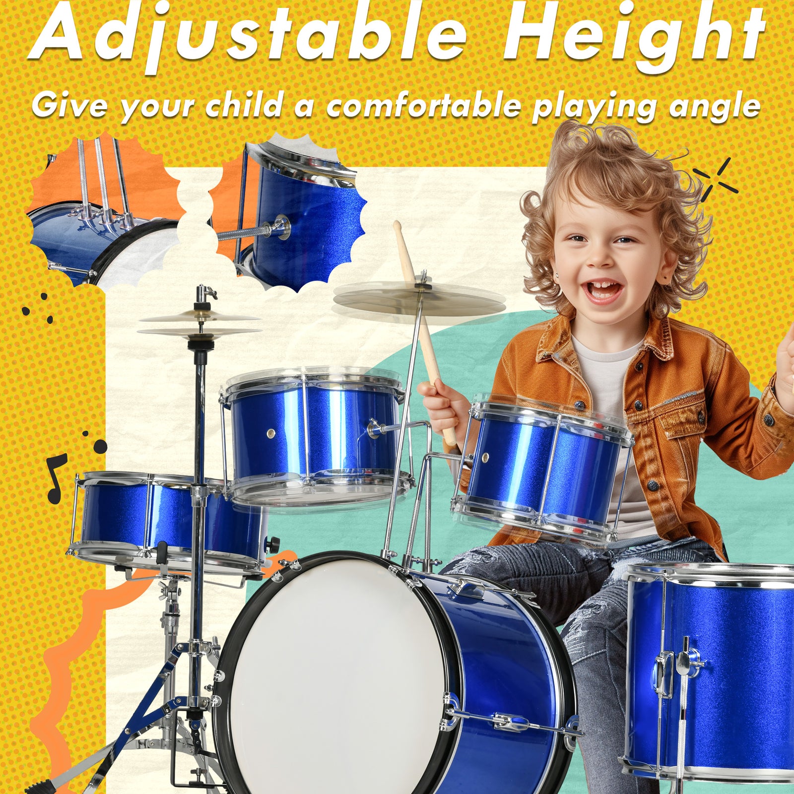 11 Piece Junior Drum Set For Kids With Stool, Drumsticks, Blue | Blue