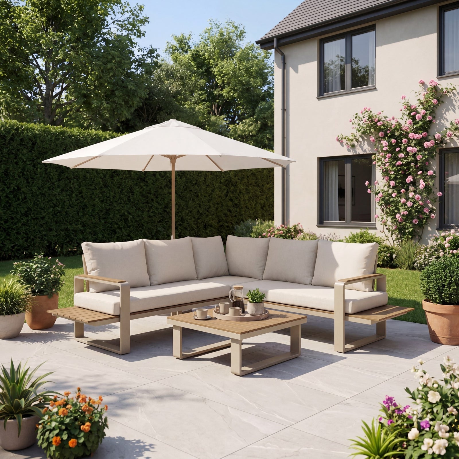 Linden Outdoor Corner Lounge Set And Table | Cream & Beige
