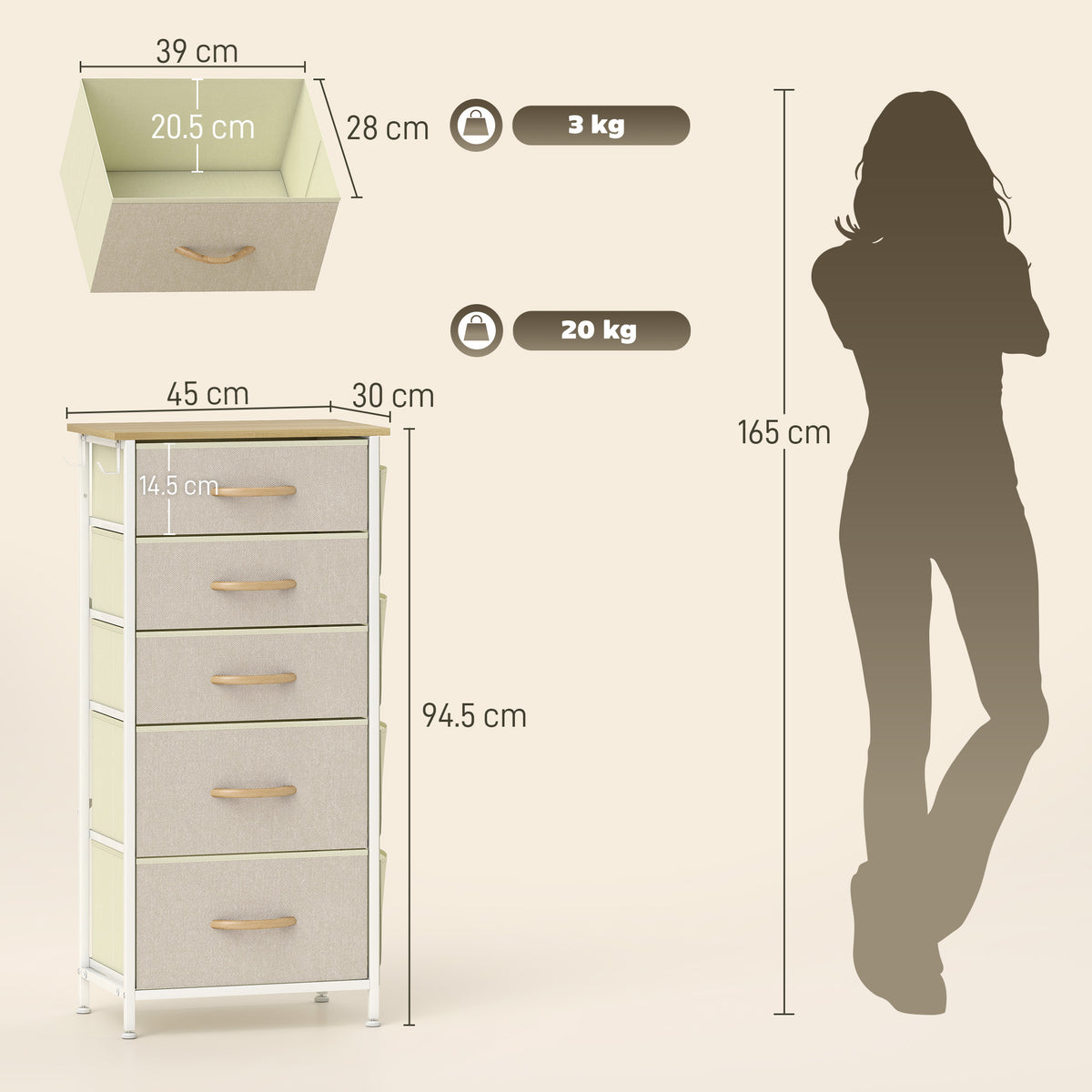 HOMCOM Fabric Chest Of Drawers, 5 Drawer Dresser For Bedroom