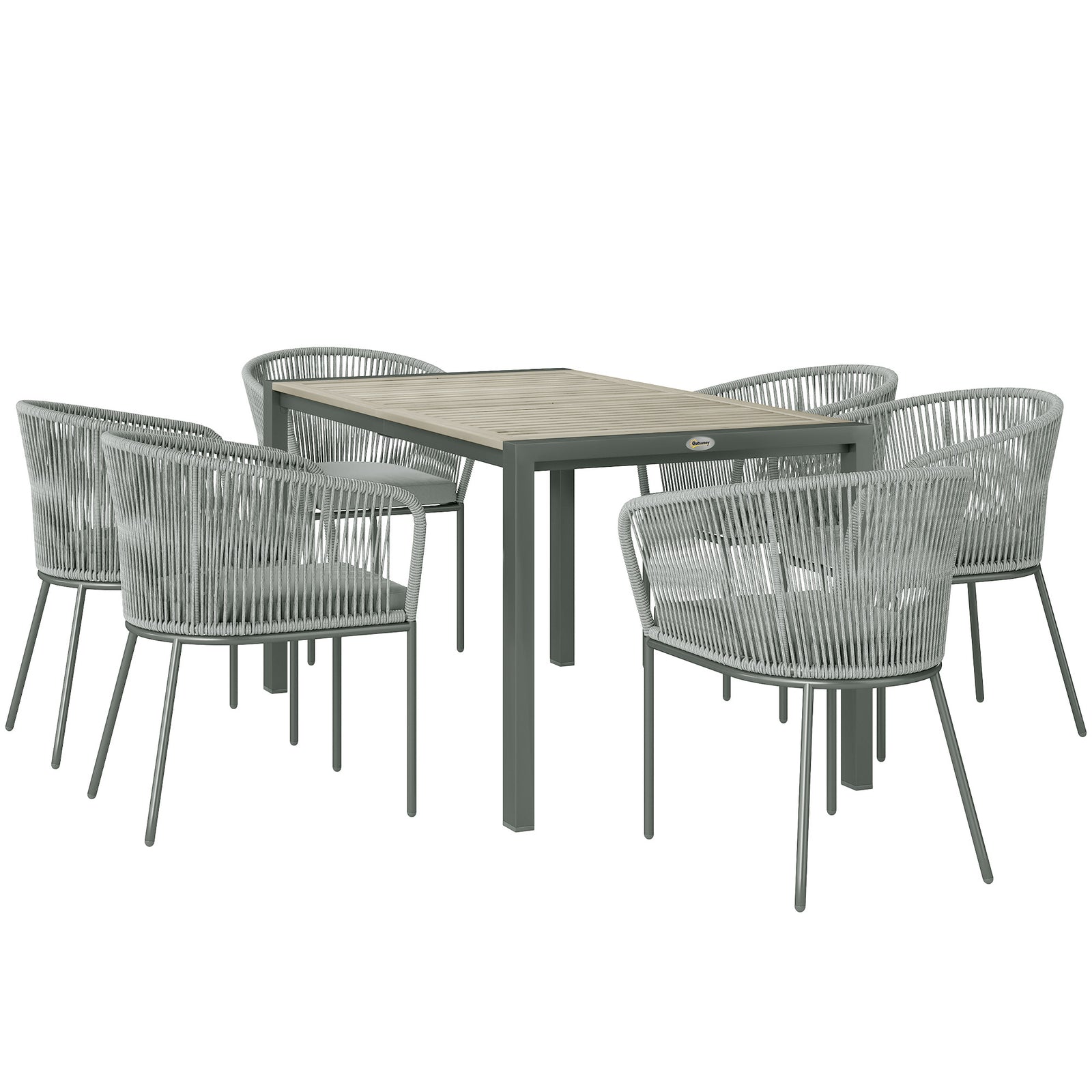 6 Seater Rattan Dining Set, Acacia Wood Top, Grey