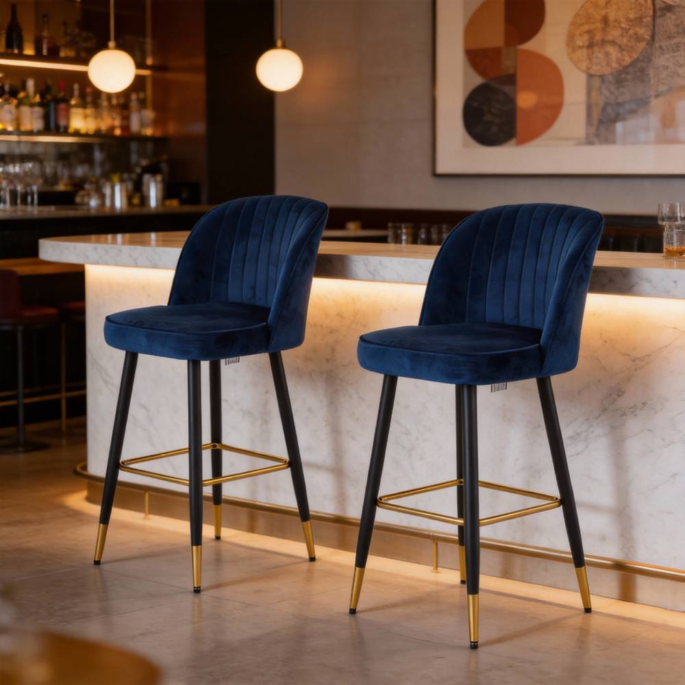 Set of 2 Royal Blue Upholstered Bar Stools, Velvet-Feel Fabric Counter Chairs with Backrest, Black & Gold Metal Legs
