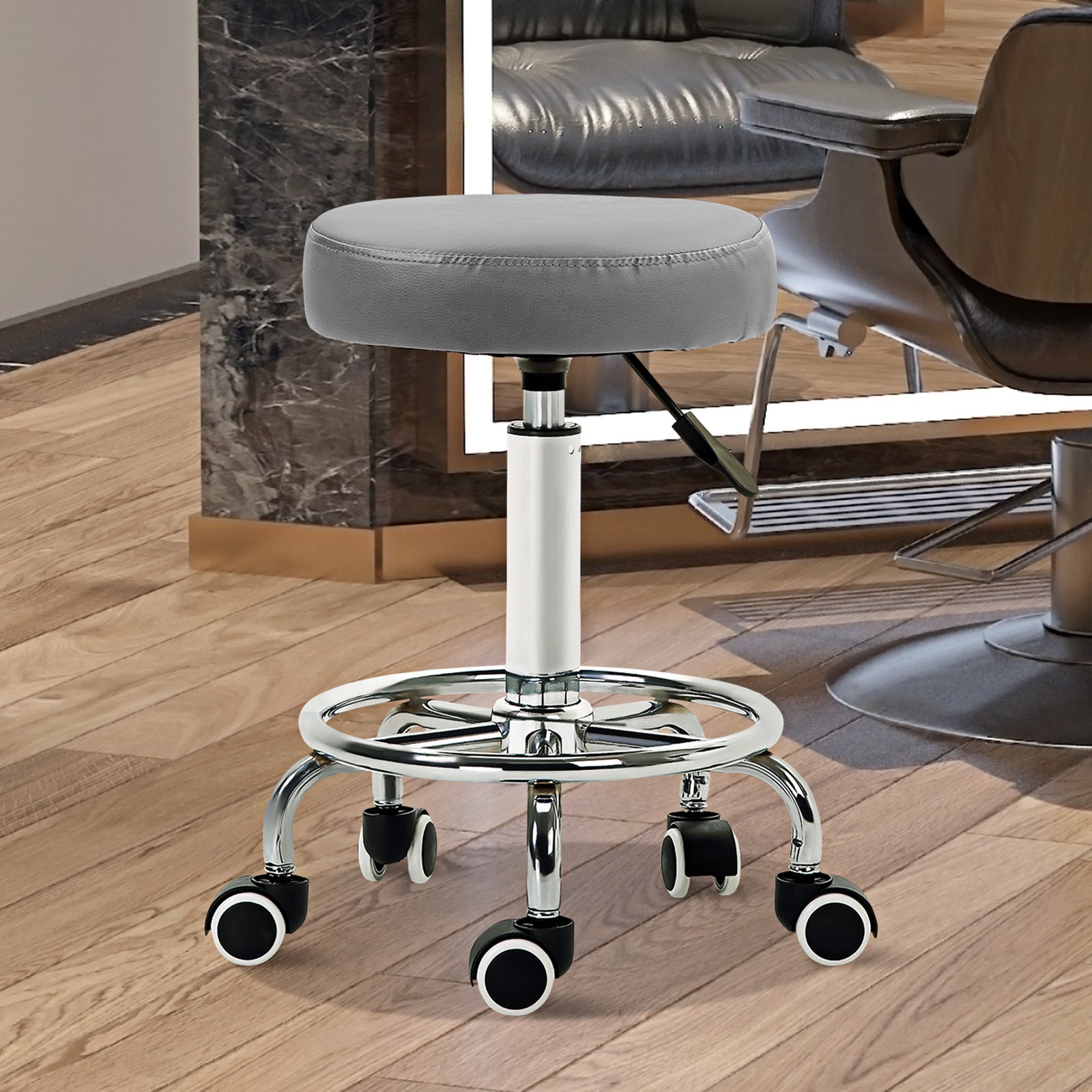 Round Pu Leather Salon Beautician Stool Adjustable Height | One Size | Gray