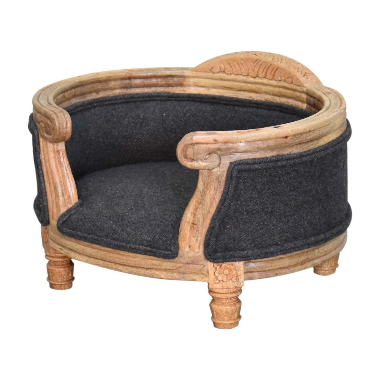 Solid Mango Wood, Upholstered Carved Battleship Tweed Pet Bed