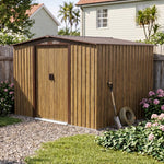 6 x 8ft Metal Apex Roof Garden Shed with Foundation, 3D Brown Wood Grain, Double Sliding Doors & 4 Air Vents