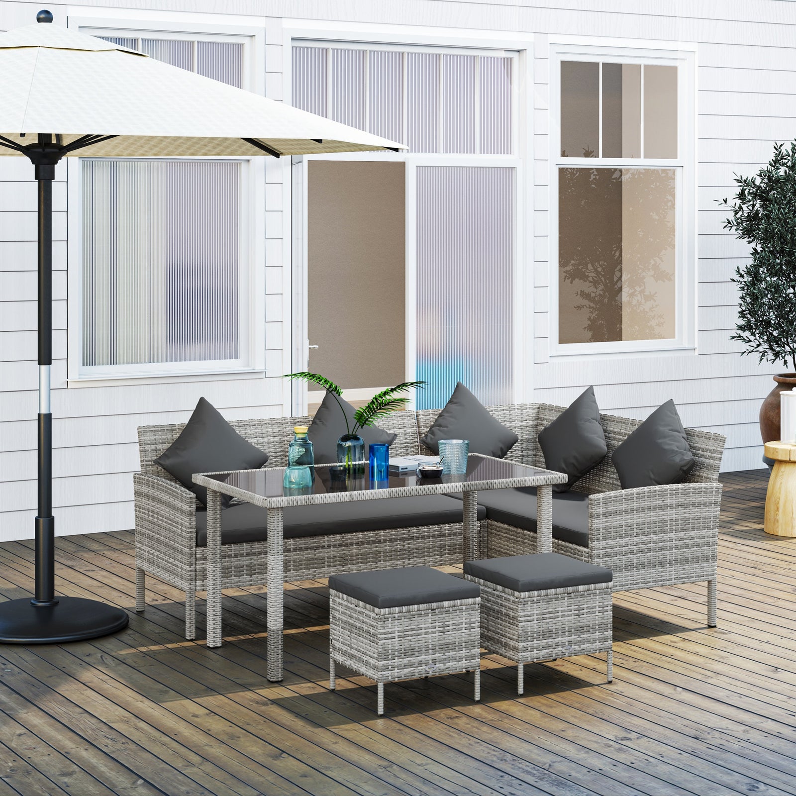 5 Pcs 6 Seater Corner Garden Sofa With Glass Top Table