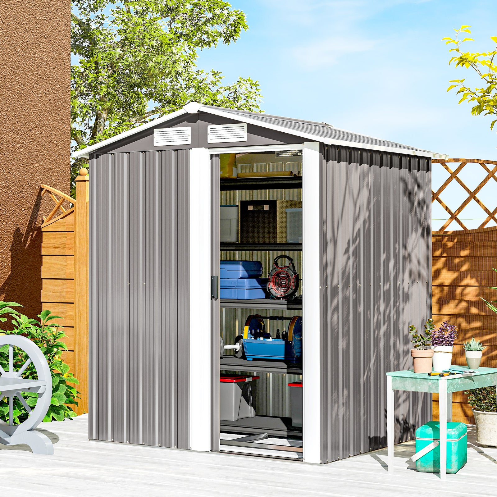 5x4.3ft Outdoor Metal Storage Shed Sliding Door Sloped Roof
