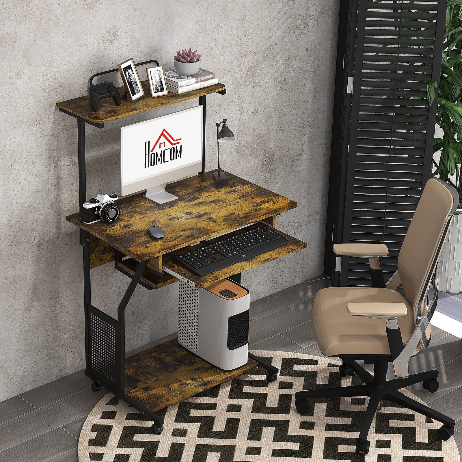 Mobile Desk With Storage Shelves, Industrial