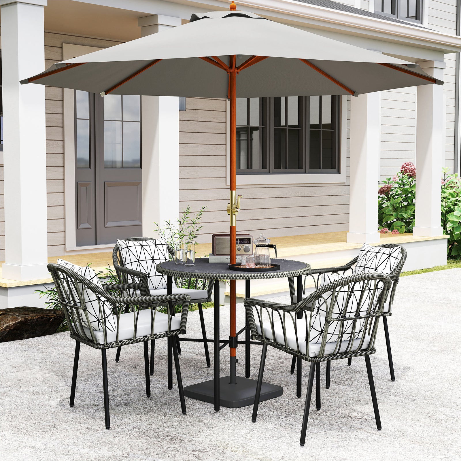 5 Piece Patio Rattan Dining Set, Removable Cushions | Gray