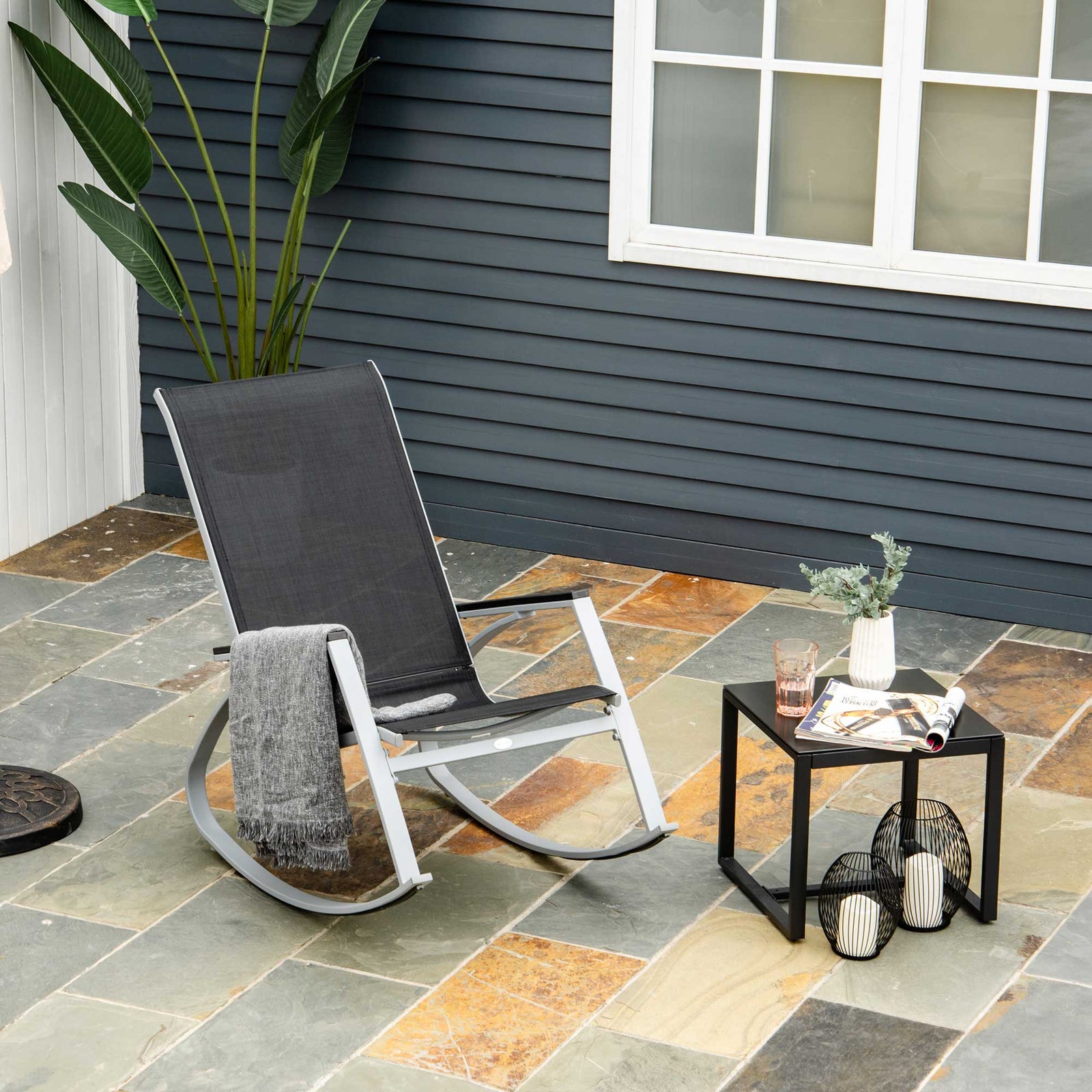 Metal Rocking Chair Lounger, High Back, Black