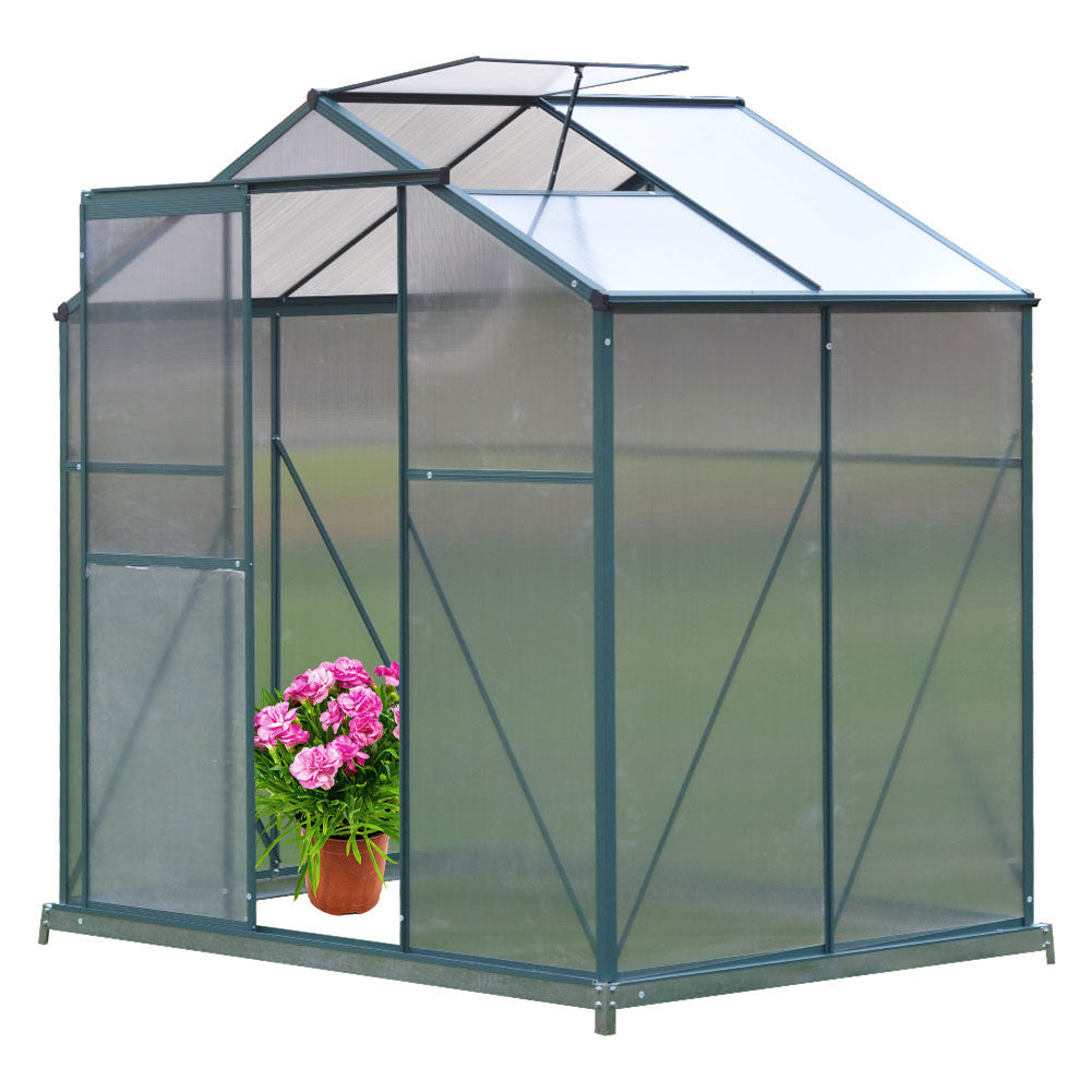 Polycarbonate Greenhouse With Base – Aluminum Frame Walk-in Greenhouse With Sliding Door & Ventilation Window For Plants & Flowers, Green, 4 x 6ft