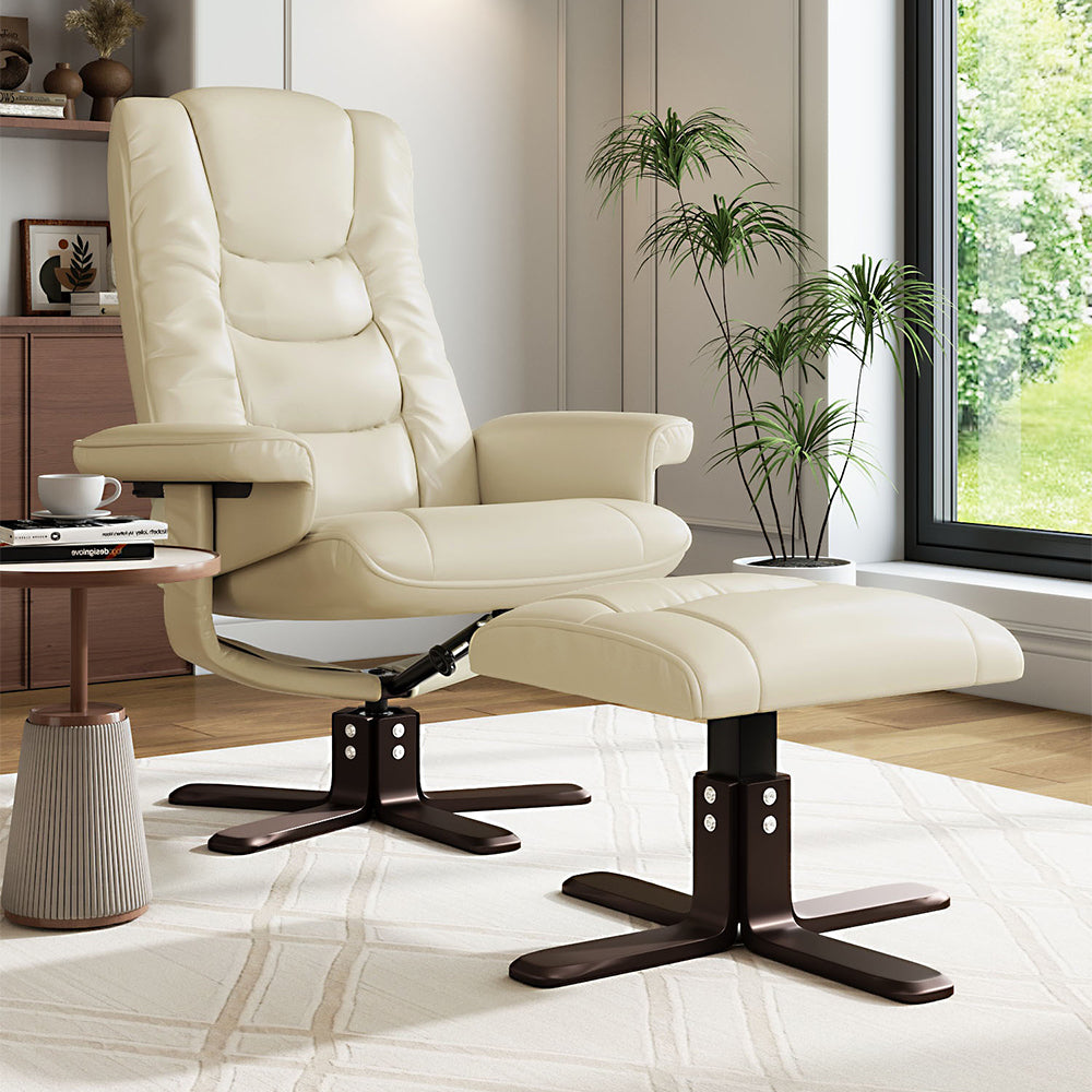 Upholstered Swivel Recliner Chair With Footstool | Beige