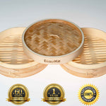BlauKe Bamboo Steamer Basket 25cm With Chopsticks, Tongs, 50 Paper Liners - 2-tier Food Steamer For Cooking Dumplings Vegetables