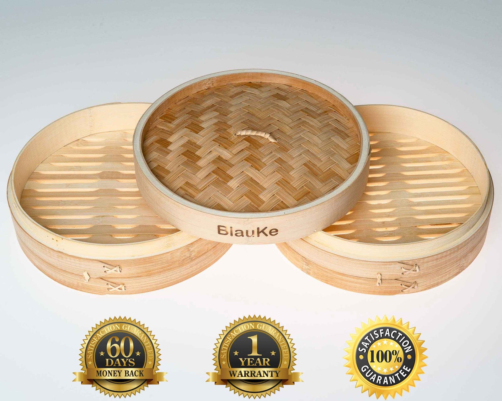 BlauKe Bamboo Steamer Basket 25cm With Chopsticks, Tongs, 50 Paper Liners - 2-tier Food Steamer For Cooking Dumplings Vegetables